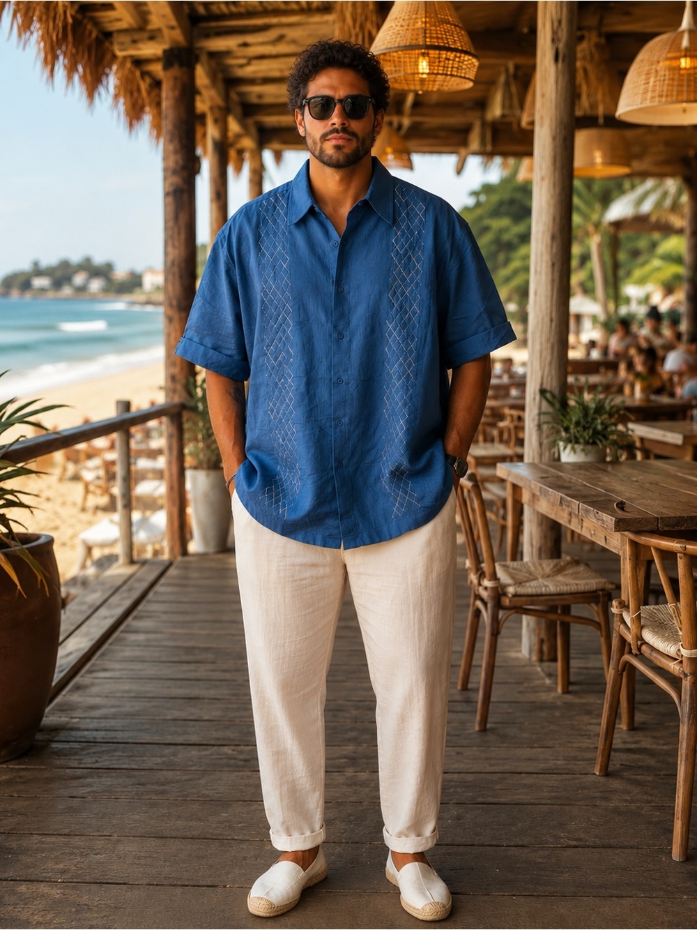 Men's Casual Blue Short-Sleeve Button-Down Shirt - Relaxed Fit